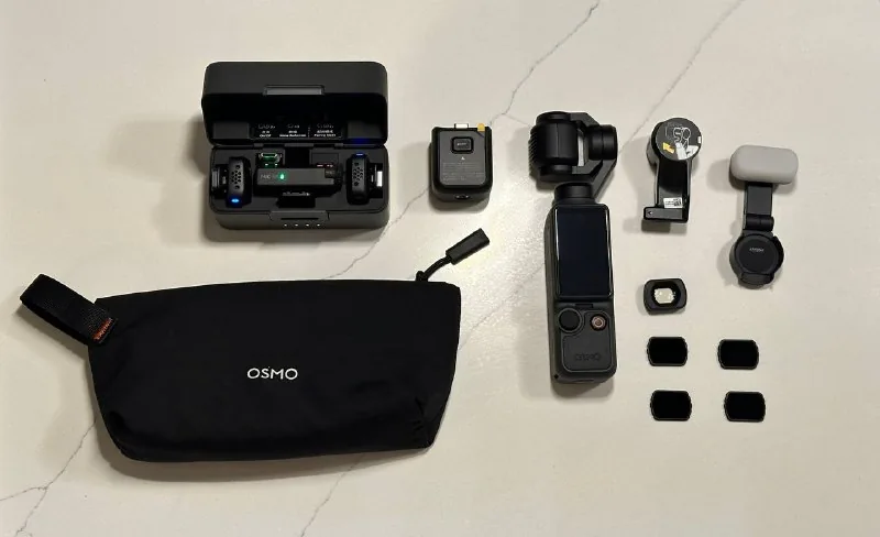 DJI Osmo Pocket 4, DJI Mic Mini, ND-фильтры, широкоугольный объектив, подсветка