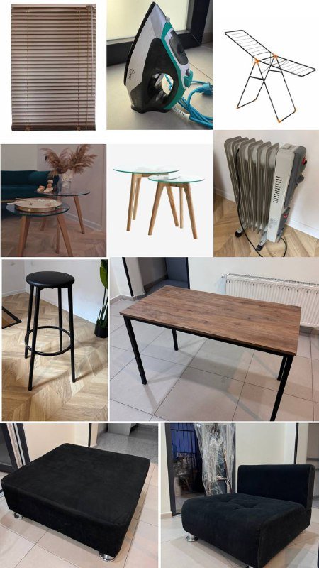 Жалюзи, утюг, сушилка, стул барный, журнальные столики, офисный стол, модули дивана, обогреватель, лампа, часы, искусственные цветы, массажный стол, жадеит камни, аромалампа