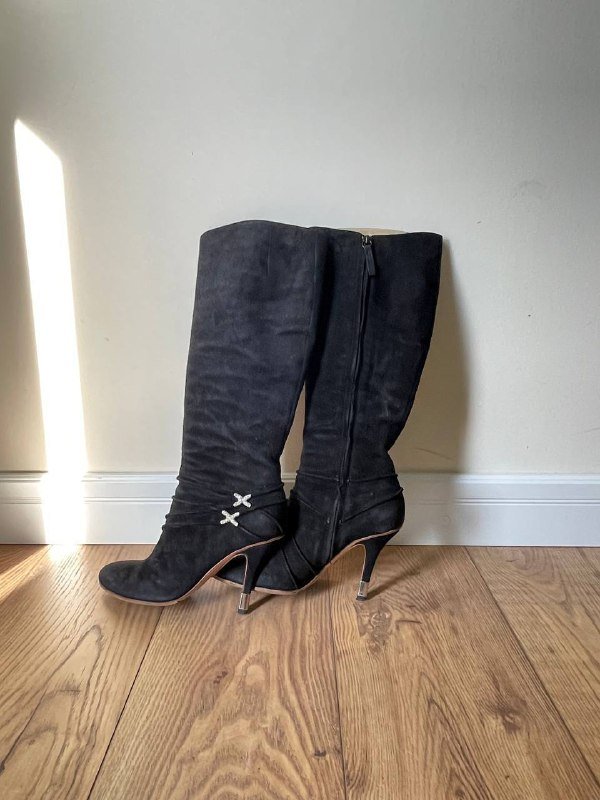 Винтажные замшевые сапоги до колена чёрные, 37 размер 2