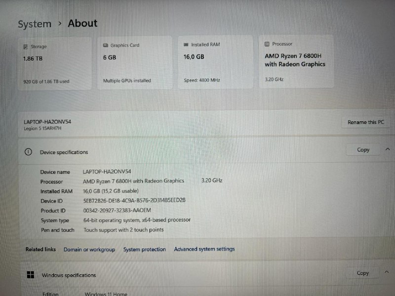 Ноутбук Lenovo Legion 5 15ARH7H, AMD Ryzen 7, RTX 3060, 16 ГБ, 2 ТБ SSD 2