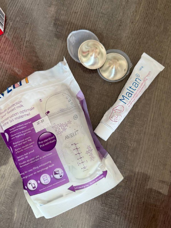 Пакеты Philips Avent, серебреные накладки, крем Maltan для груди