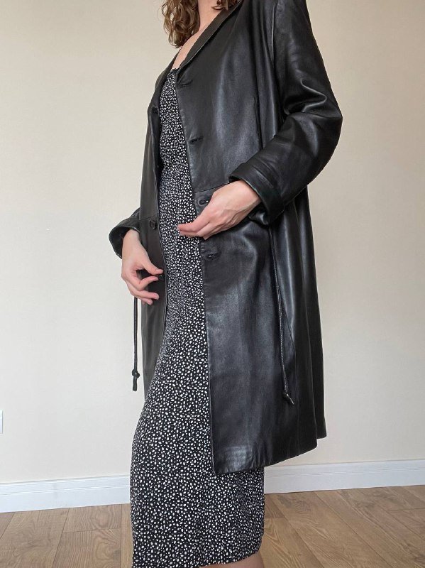 Винтажный кожаный плащ с поясом размер S 6