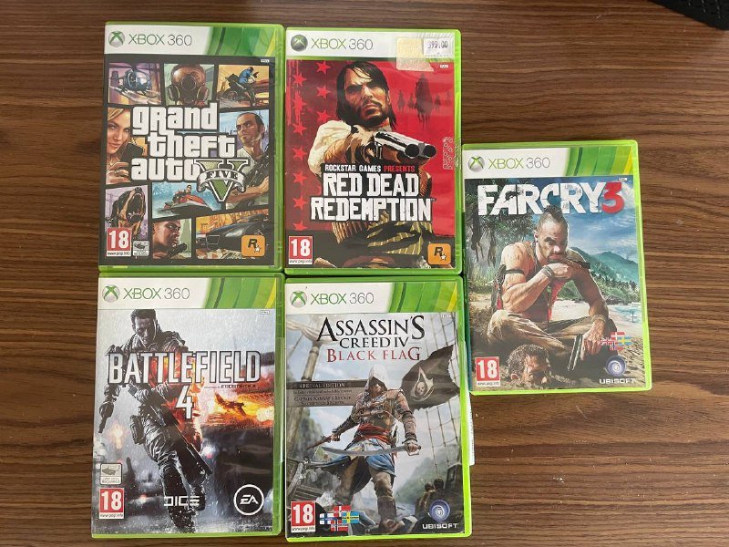 Диски на Xbox 360: GTA 5, Far Cry 3, Assassin's Creed Black Flag, Red Dead Redemption, Battlefield 4