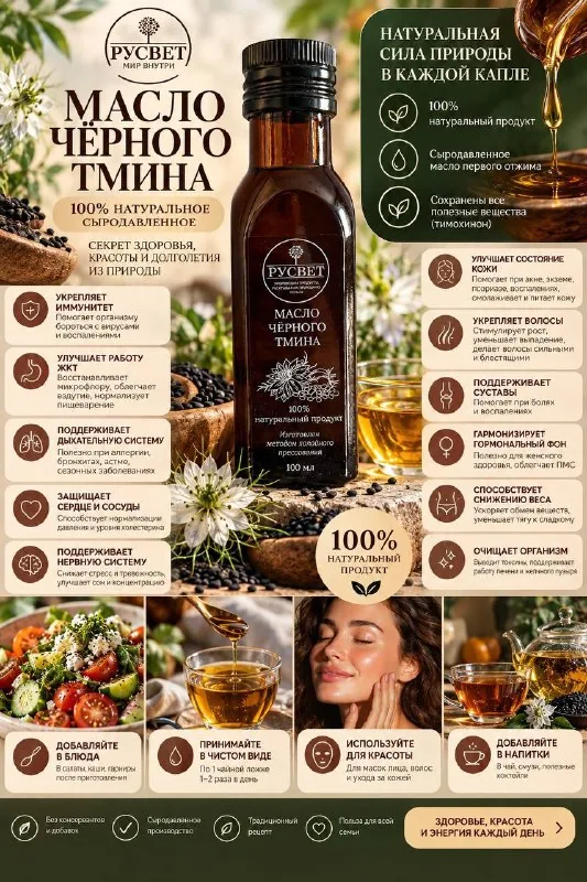 Натуральное масло чёрного тмина РусСвет 100 мл