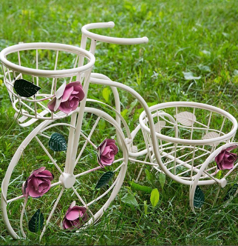 Подставка для цветов в виде велосипеда металлическая белая 4