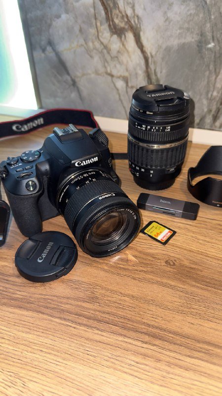 Фотоаппарат Canon 250D, объектив Tamron 18–200 mm, SD-карта, рюкзак, сумка