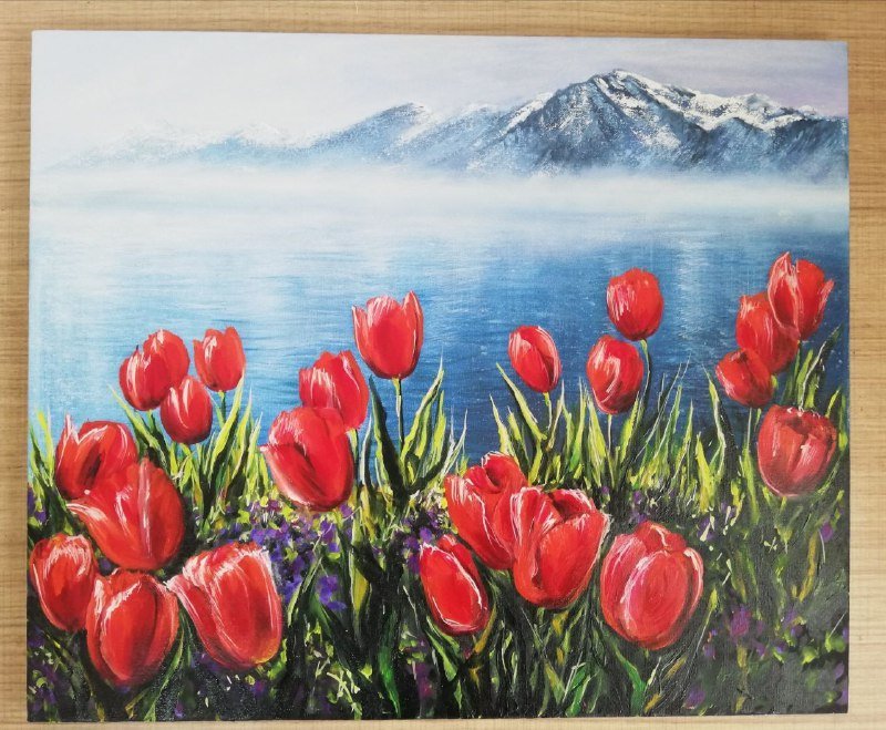 Картина маслом на холсте с изображением тюльпанов
