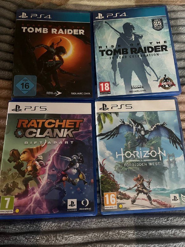 Rise of the Tomb Raider, Shadow of the Tomb Raider, Ratchet & Clank Rift Apart, Horizon Forbidden West