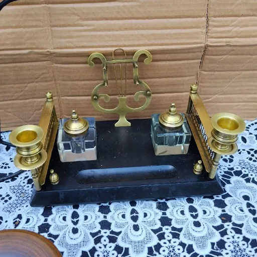 Чернильный набор, подсвечники, латунь, черный мрамор