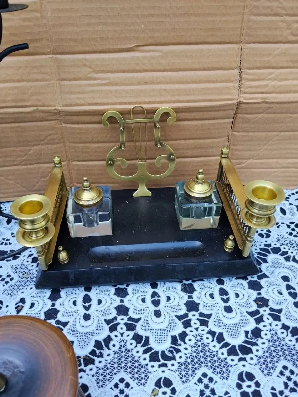 Чернильный набор, подсвечники, латунь, черный мрамор 1