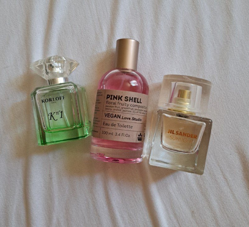 Духи Korloff Kn°1, Jil Sander Sunlight, Vegan Love Studio Pink Shell