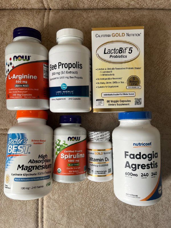 Витамины и добавки Iherb L-Arginine, Bee Propolis, ЛактоБиф, Магний, Спирулина, Витамин D3, Фадогия Агрестис