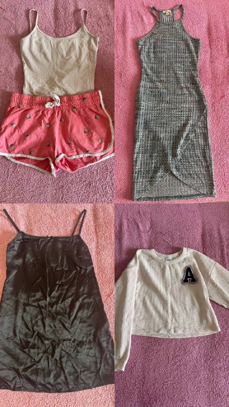 Черное платье, изумрудное платье, майка и шортики, кофта