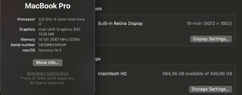 MacBook Pro 16" 2019, 6-core i7, 16GB RAM, 500GB SSD 8