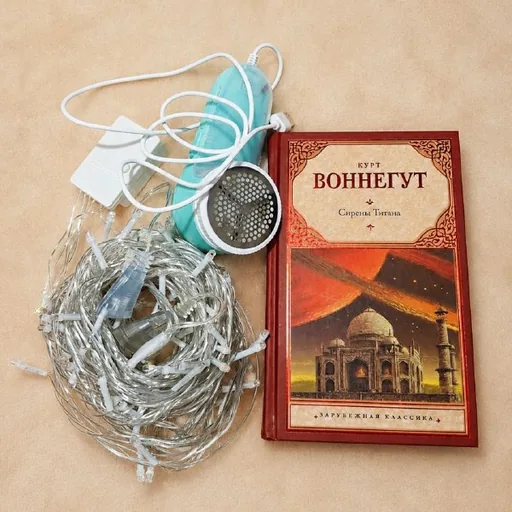 Книга, гирлянда, машинка от катышек
