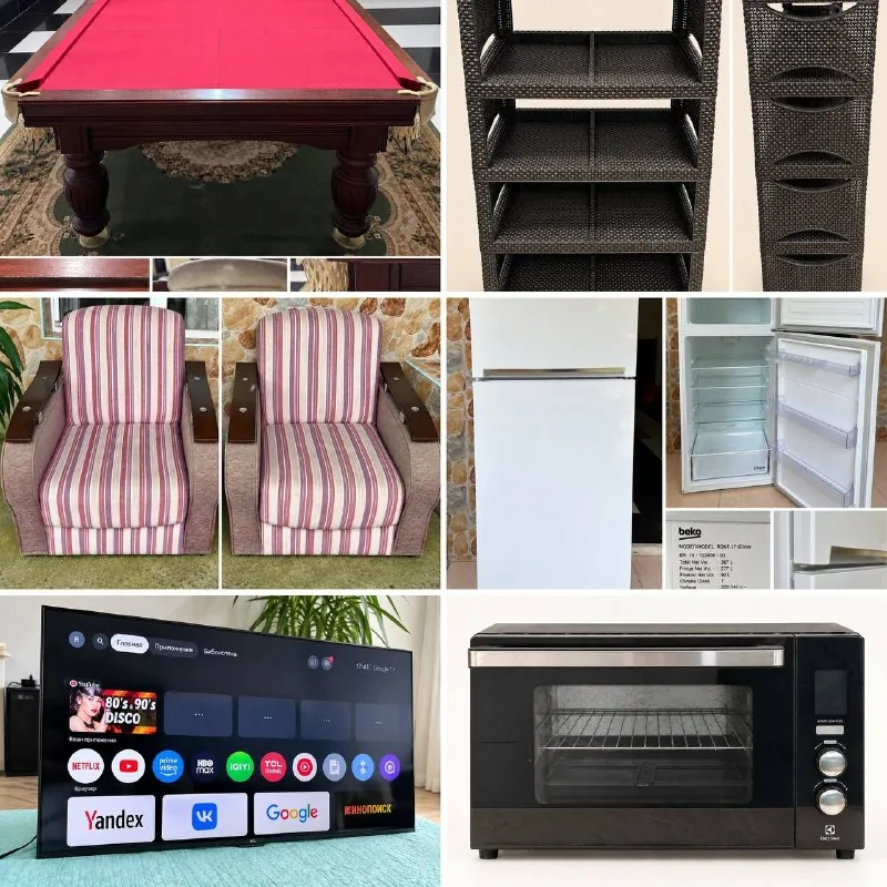 Бильярдный стол, Smart TV, холодильник, электропечь, кресла, этажерка-обувница