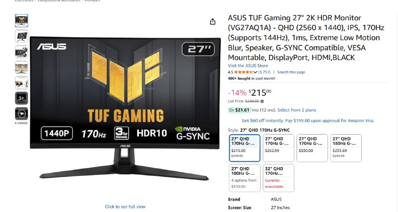 Монитор ASUS TUF Gaming 27" 2K HDR