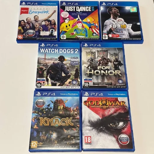 Диски для Sony PS4, игры: Короли Вечеринок, Just Dance, FIFA 18, Watch Dogs 2, For Honor, Knack, God of War remastered
