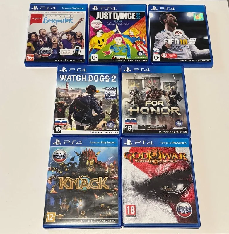 Диски для Sony PS4, игры: Короли Вечеринок, Just Dance, FIFA 18, Watch Dogs 2, For Honor, Knack, God of War remastered