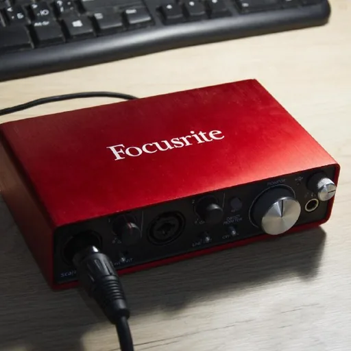 Микрофон Shure SM58, аудиокарта Focusrite Scarlett 2i2, стойка