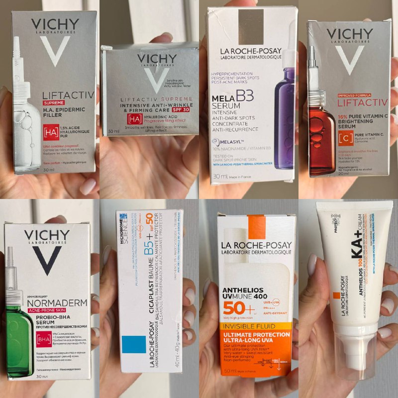 Liftactiv Supreme сыворотка-филлер, крем, сыворотки Mela b3, Витамин С, BHA, Cicaplast бальзам, La Roche-Posay крем SPF 50
