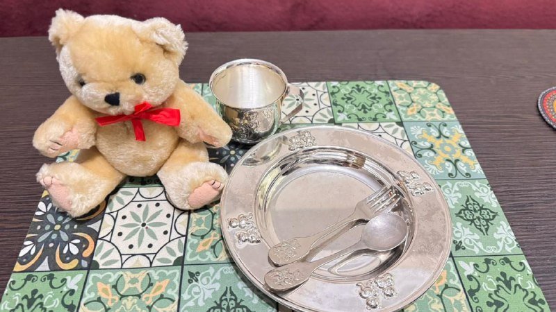 Детский посеребренный набор тарелка кубок вилка ложка