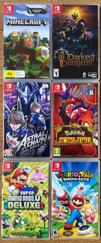 Astral Chain, Pokemon Scarlet, Super Mario U Deluxe, Minecraft, Mario + Rabbids Kingdom Battle, Darkest Dungeon 2