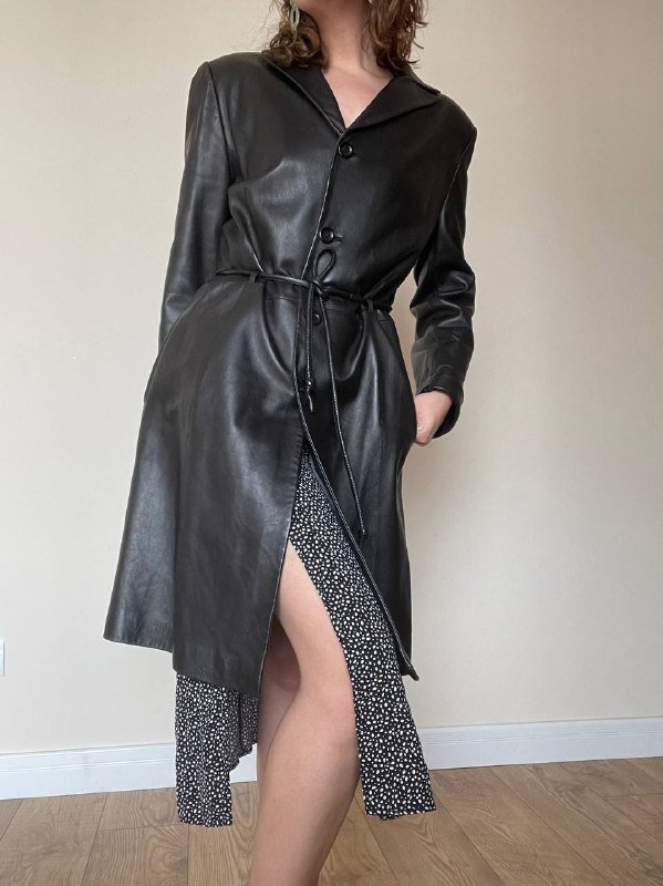 Винтажный кожаный плащ с поясом размер S 4