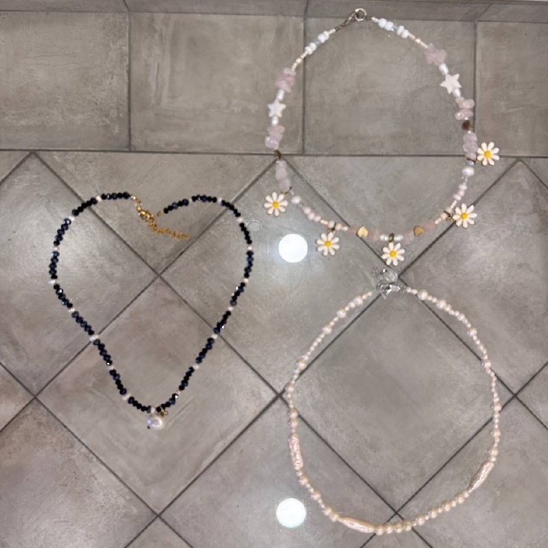 Цепь металлическая, наборы колец, чокеры с жемчугом и ромашками 4