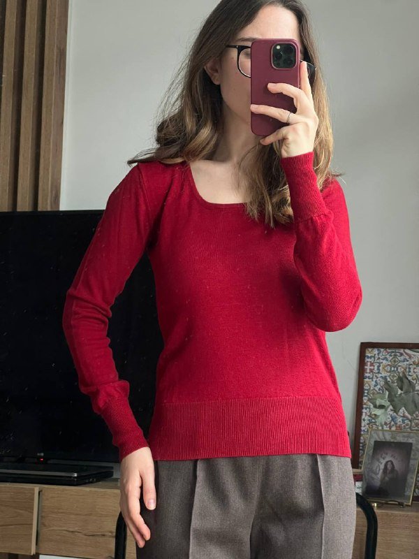 Красный джемпер из шелка и шерсти, размер S 3