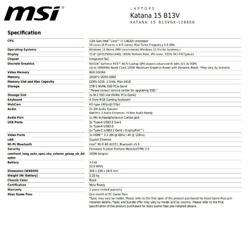 MSI Katana 15 B13V игровой ноутбук 1
