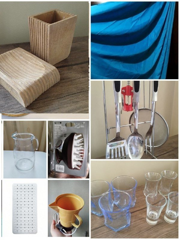 Лопатка, ложка, штопор, сито, чайный сервиз, стаканы, графин, шкафчик, массажёр и др.