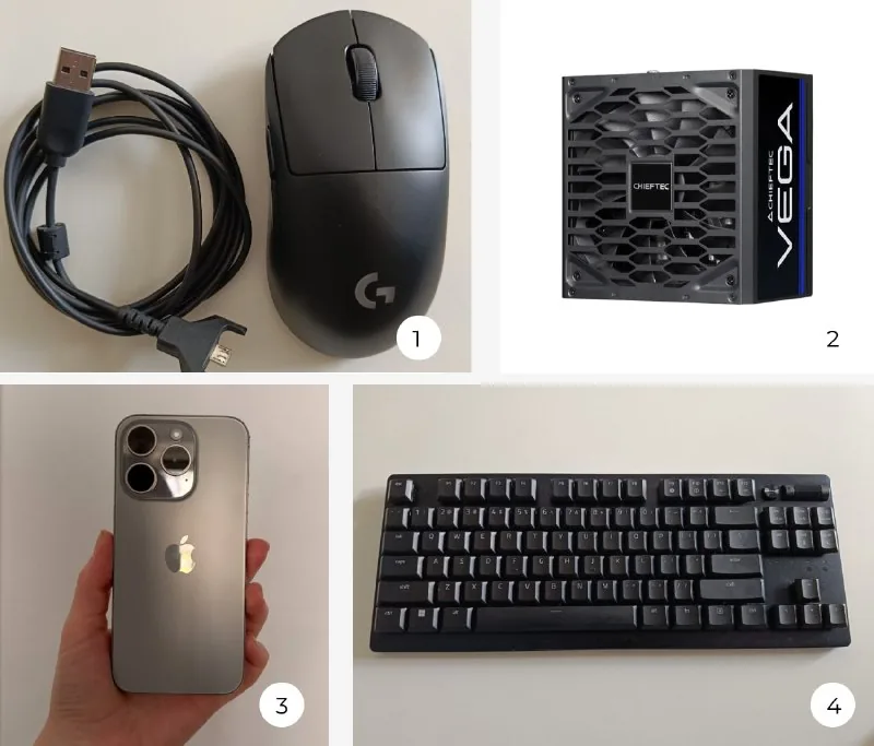 Игровая мышь Logitech G PRO, Блок питания CHIEFTEC Vega 850W, iPhone 15 Pro 256GB, Клавиатура Razer DeathStalker V2 Pro