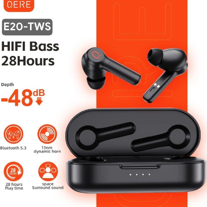 Наушники QERE E28 BLACK, E20 TWS BLACK/WHITE, E38 WIRELESS BLACK/WHITE, колонка HF-22 3