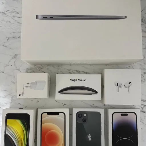 Коробки MacBook Air M1, AirPods Pro, iPhone SE, 12, 13, 14 Pro, Magic Mouse, адаптер