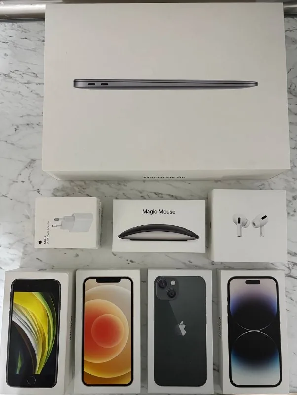 Коробки MacBook Air M1, AirPods Pro, iPhone SE, 12, 13, 14 Pro, Magic Mouse, адаптер