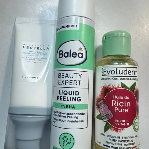 Skin1004 მზისგან დამცავი კრემი, Balea-ს პილინგი, Evoluderm-ის აბუსალათინის ზეთი