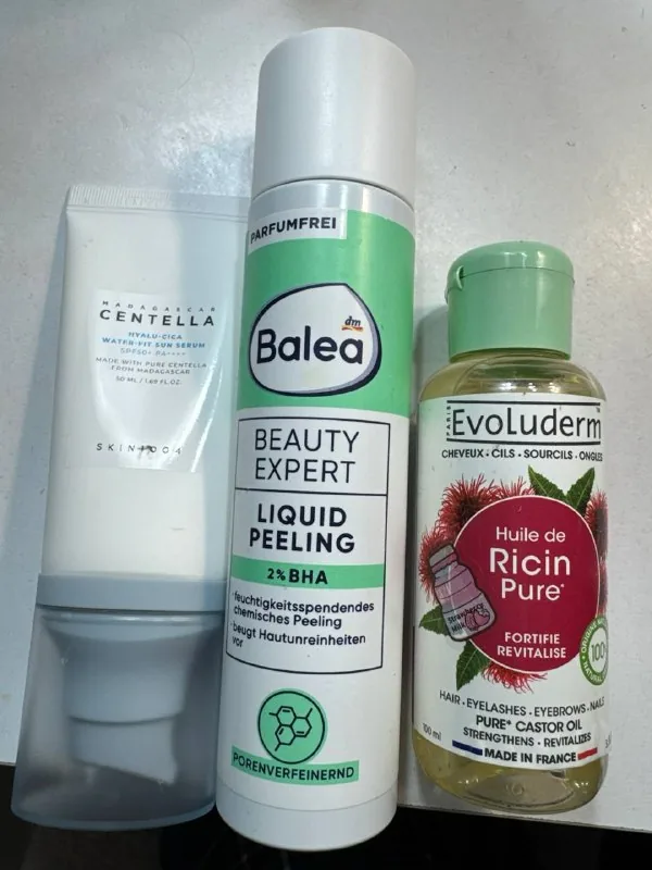 Skin1004 მზისგან დამცავი კრემი, Balea-ს პილინგი, Evoluderm-ის აბუსალათინის ზეთი
