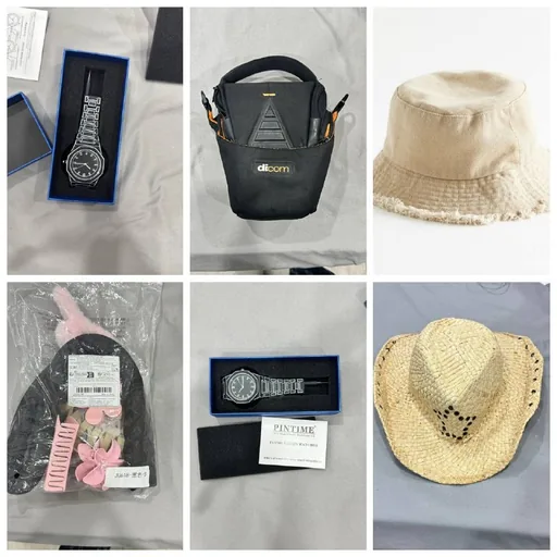 Camera bag, watch, skort, hair clips and mirror, bucket hat, sun hat