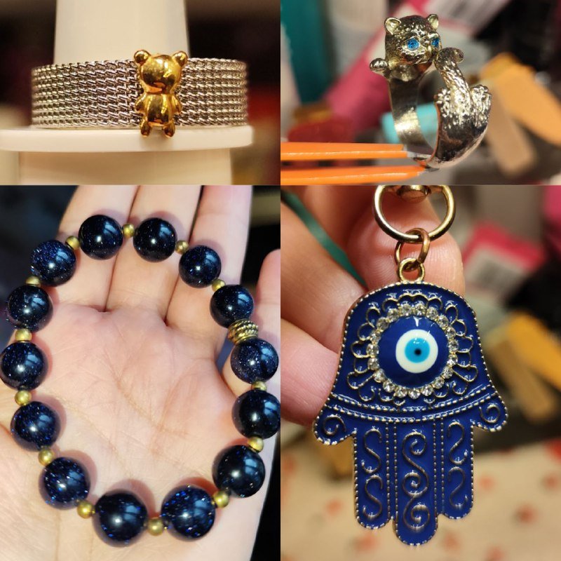 Браслет из авантюрина, брелок Хамса, кольцо с мишкой, кольцо с котёнком