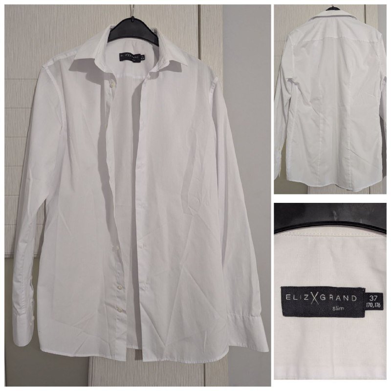 Рубашка классическая белая, рубашка серая, галстук с зажимом, брюки черные