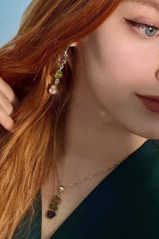 Комплект серьги и кулон с цитрином, аметистом, перидотом и розовым кварцем 2