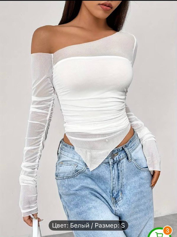 Белая женская прозрачная рубашка с длинным рукавом размер S
