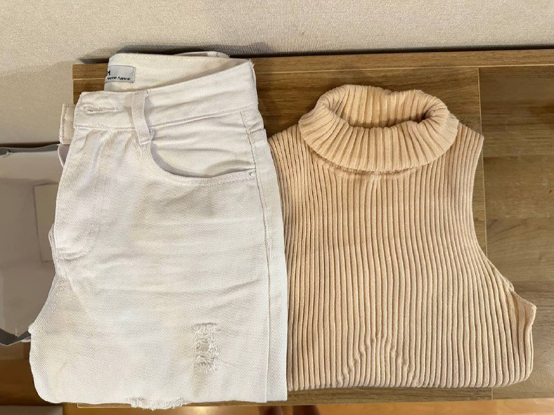 Женские белые рваные джинсы DENIM, Женская безрукавка водолазка SHEIN 3