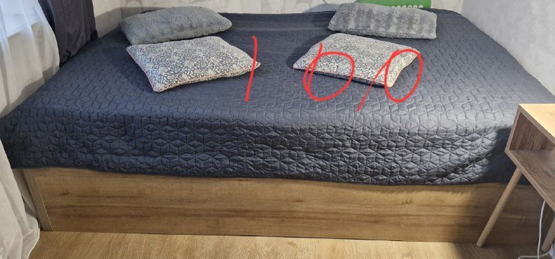 Кровать, тумба, наушники, статуэтка, фикус, спатифилум