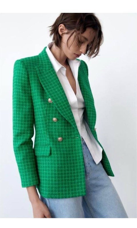 Двухбортный пиджак Zara зеленый в клетку с золотыми пуговицами 3