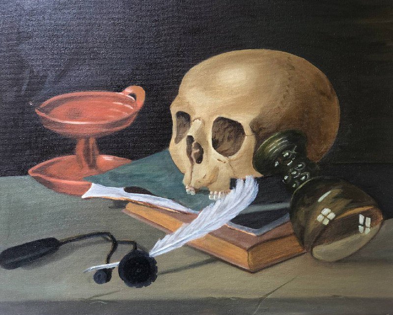 Копия картины Питер Клас Натюрморт с черепами Гусиным пером