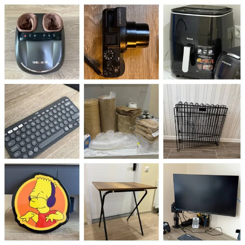 Фотоаппарат, аэрогриль, вольер, клавиатура, посуда, стол, массажер, монитор