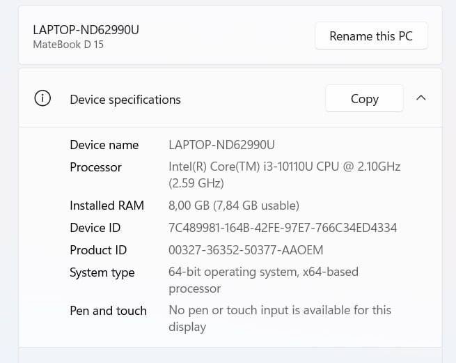 Ноутбук Huawei MateBook D15 Intel Core i3 8GB 256GB SSD 6