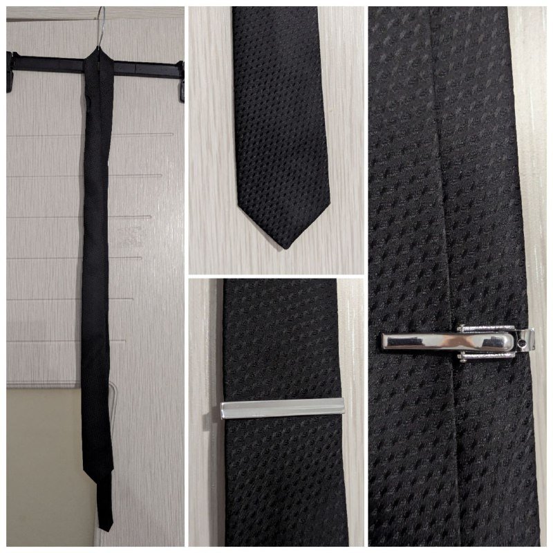 Рубашка классическая белая, рубашка серая, галстук с зажимом, брюки черные 3